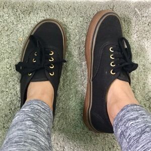 Black Vans with Gold Detailing and Gum Soles
